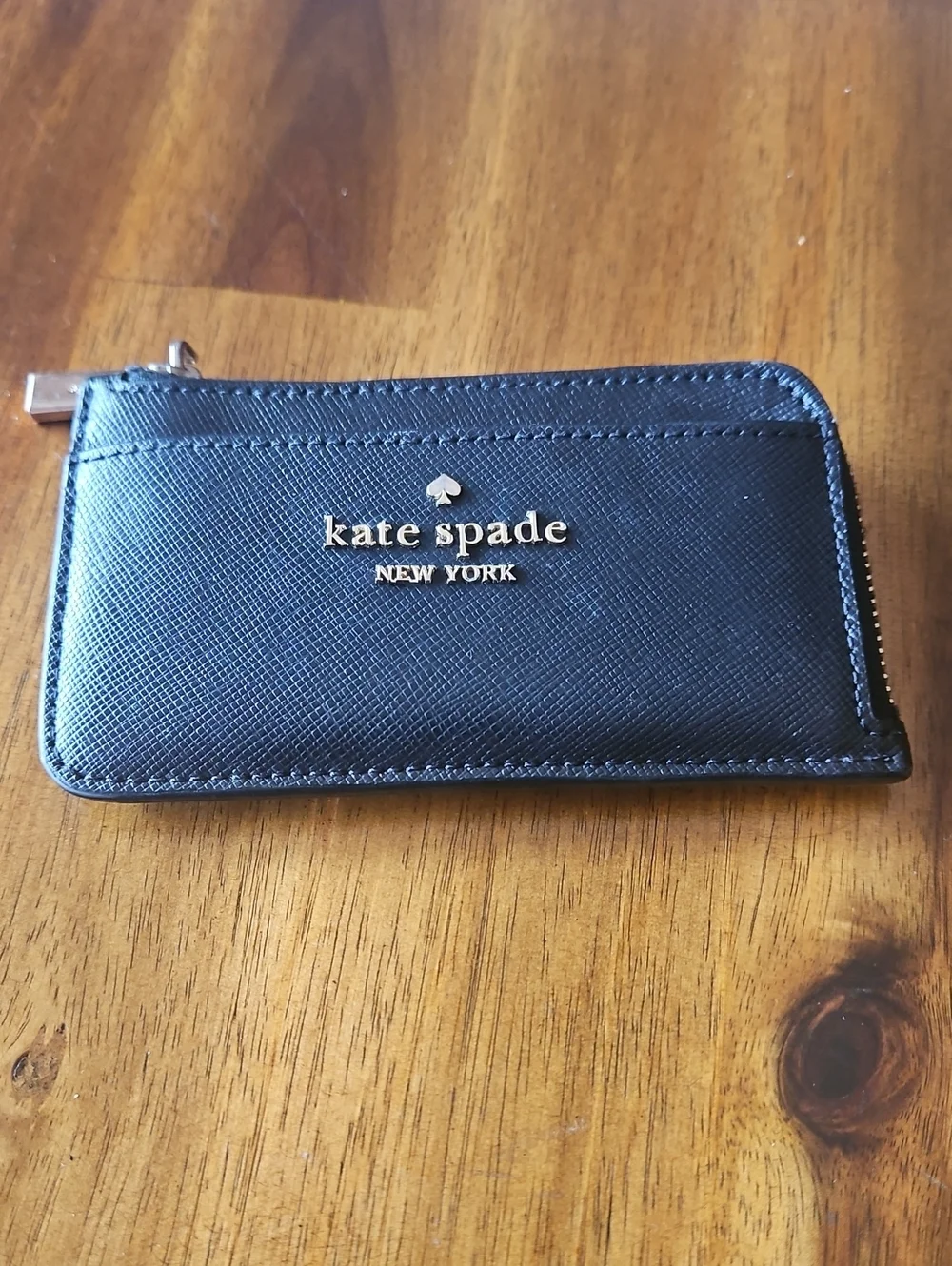 kate spade Black Saffiano Zip Card Holder with Gold Logo